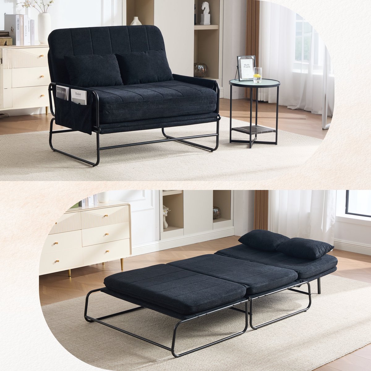 MIVRAY Slaapbank 104 Cm - Omvormbaar 2-Zits Met Zijvakken En Metalen Frame - Voor Woonkamer, Bureau En Logeerkamer - Chenille - Zwart