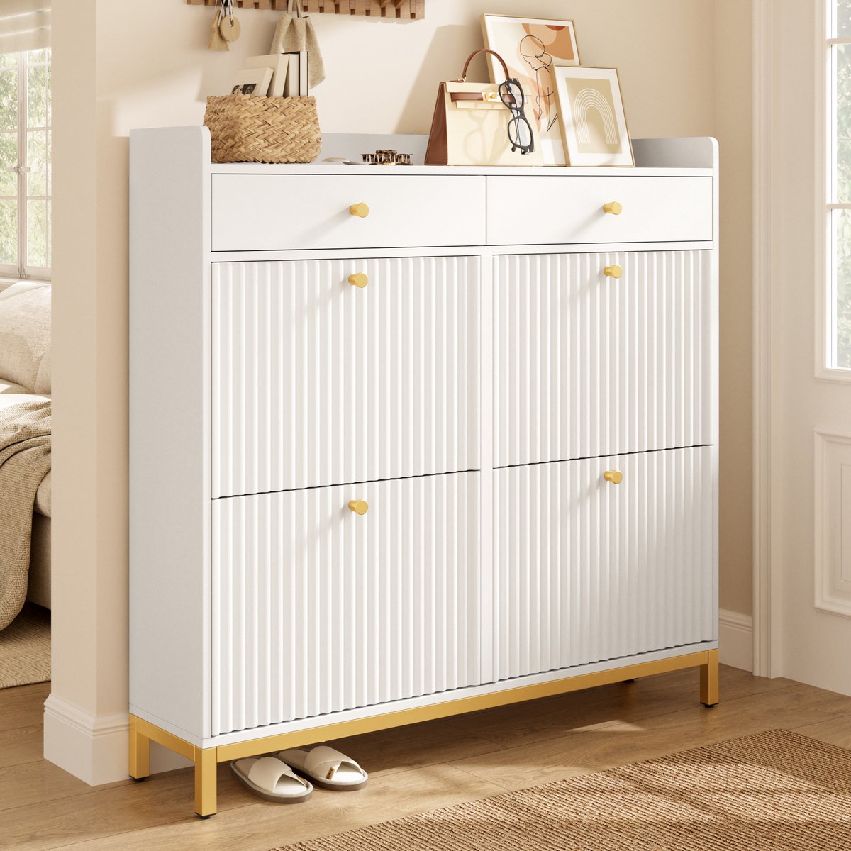 Schoenenkast - Smalle Schoenkipper Met 4 Klapdeuren En 2 Lades - Voor Hal En Slaapkamer - Wit - 106,5 x 25 x 107 Cm