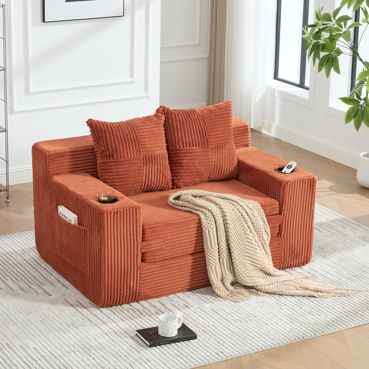 MIVRAY Slaapbank 151 x 133 x 64 cm - Met 2 Kussens, Bekerhouder En Opbergzakken - Voor Woonkamer En Relaxruimte - Stof - Oranje