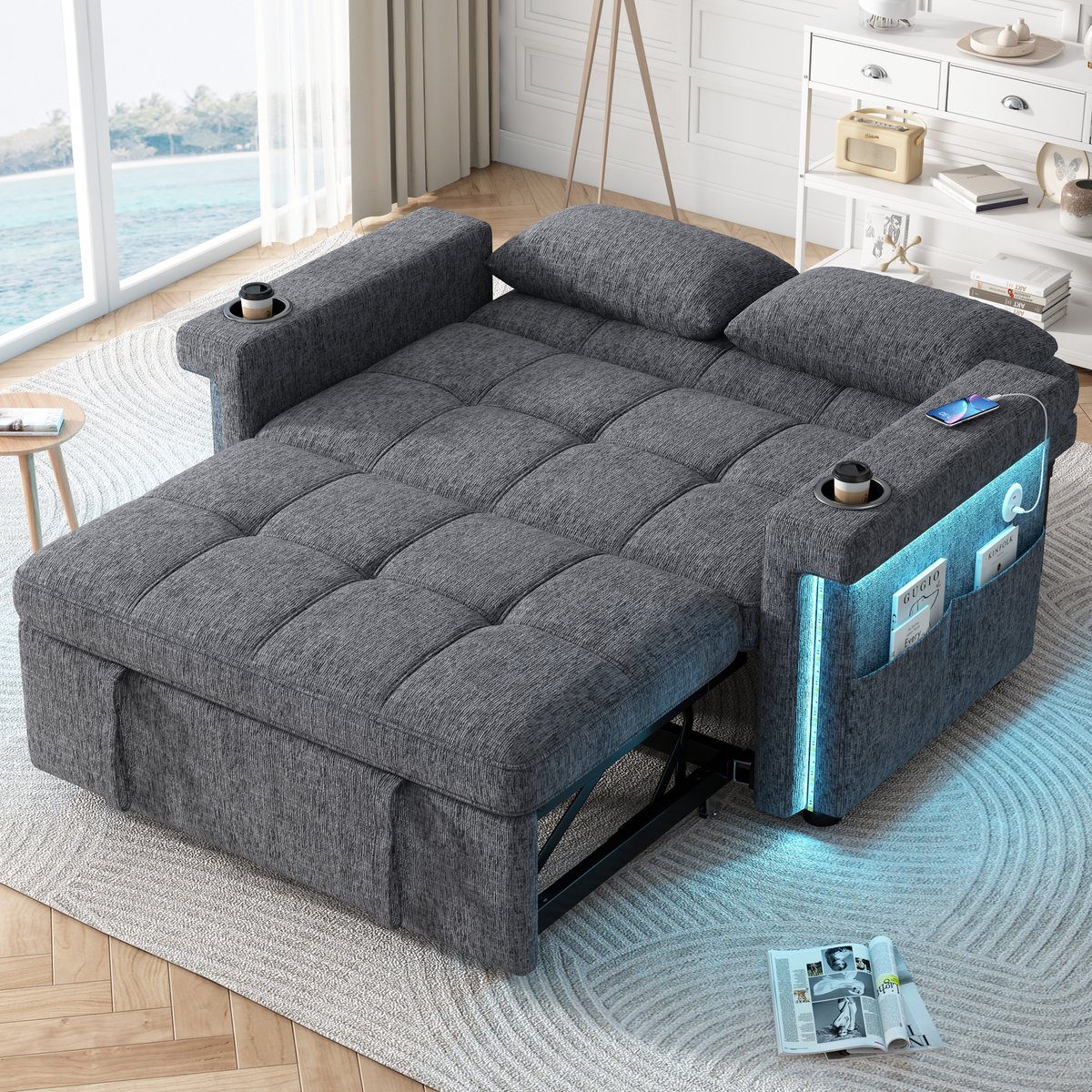 MIVRAY Slaapbank 145 x 141,5 x 90 cm - Met Slaapfunctie, Ledverlichting, USB en Type C - Voor Woonkamer en Logeerkamer - Chenille Grijs