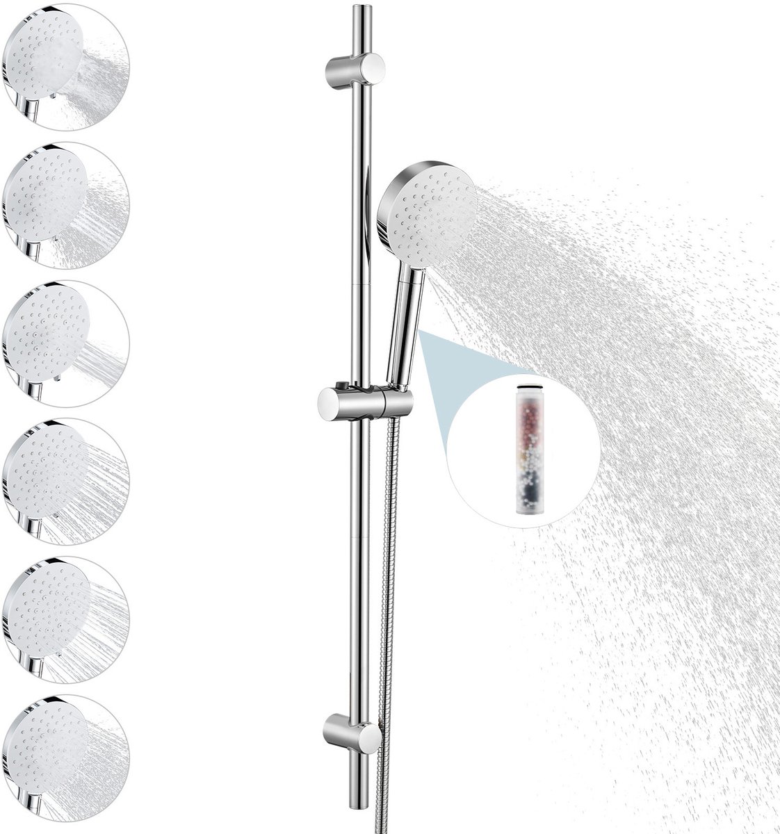 Auralum Max Glijstangset - Doucheset Met Handdouche - 90 cm Glijstang - Ronde handdouche met Filter - Douchekop Ø 12 cm - 6 Standen - Doucheslang 150 cm - Waterbesparend - Chroom&Wit