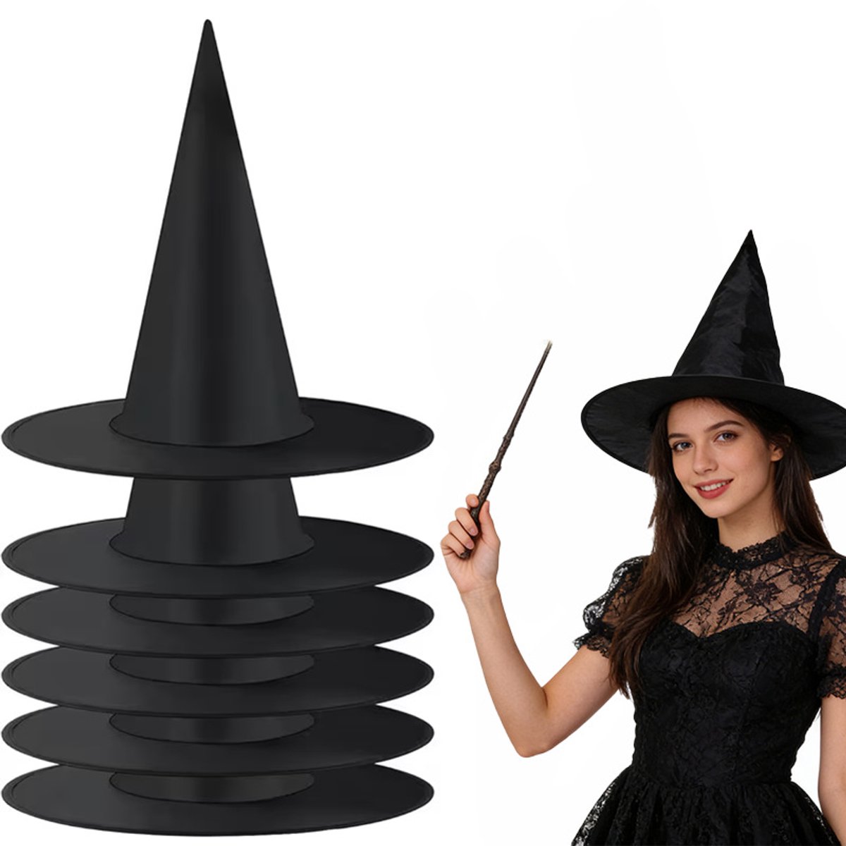Daity Halloweenhoed – Zwarte tovenaarshoed van Oxford-stof – Kostuumaccessoire – Magische heksenhoed (38 x 36 cm)