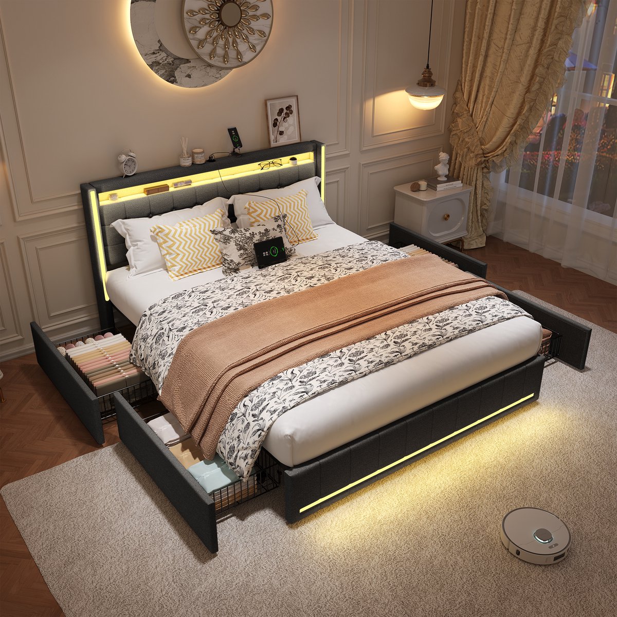 Volwassen bed 160x200 cm, tweepersoonsbed met LED-verlichting, 4 opberglades en gecapitonneerd hoofdbord, lattenbodem, linnen, donkergrijs, zonder matras