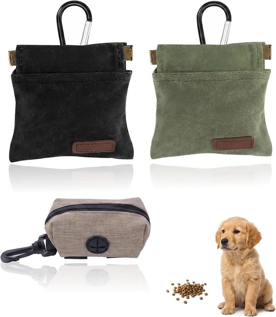 Zwart en groen canvas hondentuigje met bruine label. Bruin opbergzakje met karabijnhaak. Puppy met voer.