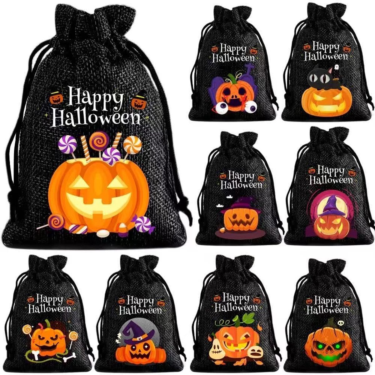 12 Cadeauzakjes met trekkoord – Voor Halloween-traktaties en decoratie – "Trick-or-Treat"-snoepzakjes – Cadeauzakjes – Zakjes met sluitkoord – Snoepzakjes met trekkoord - Zwart