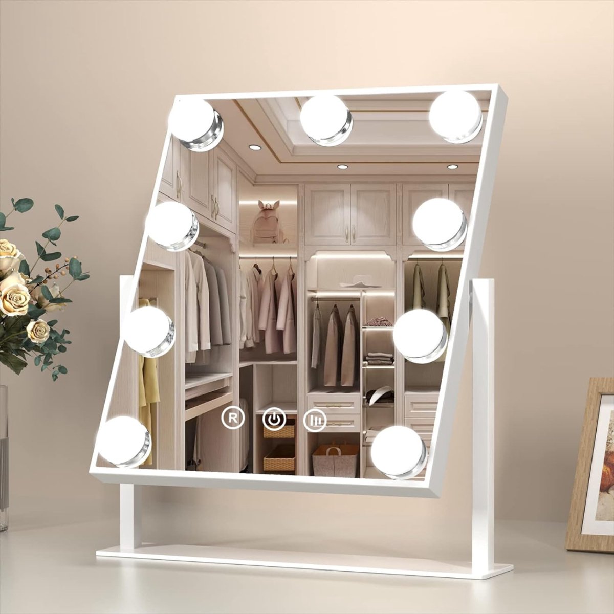 QUOVO® Hollywood Make Up Spiegel met Verlichting - Zonder Rand - Drie Lichtstanden - Draaibaar - Wit - 37cm x 25cm x 1cm