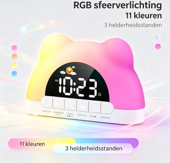 Sfeerwekker met RGB-verlichting, Spiegel Display, Type-C, 2 Wekkers, Kinderslot, Wake-up & Slaapfunctie voor Kinderen en Volwassenen — afbeelding 4