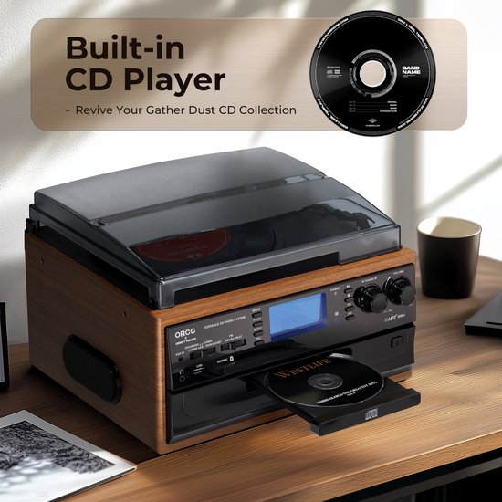 ORCC 10-in-1 Platenspeler Vintage - Bluetooth Vinyl Platenspeler met CD, USB, SD, AUX, RCA, Ingebouwde Stereo Speakers, Afstandsbediening, 33/45/78 RPM en Houten Behuizing - Bruin — afbeelding 5