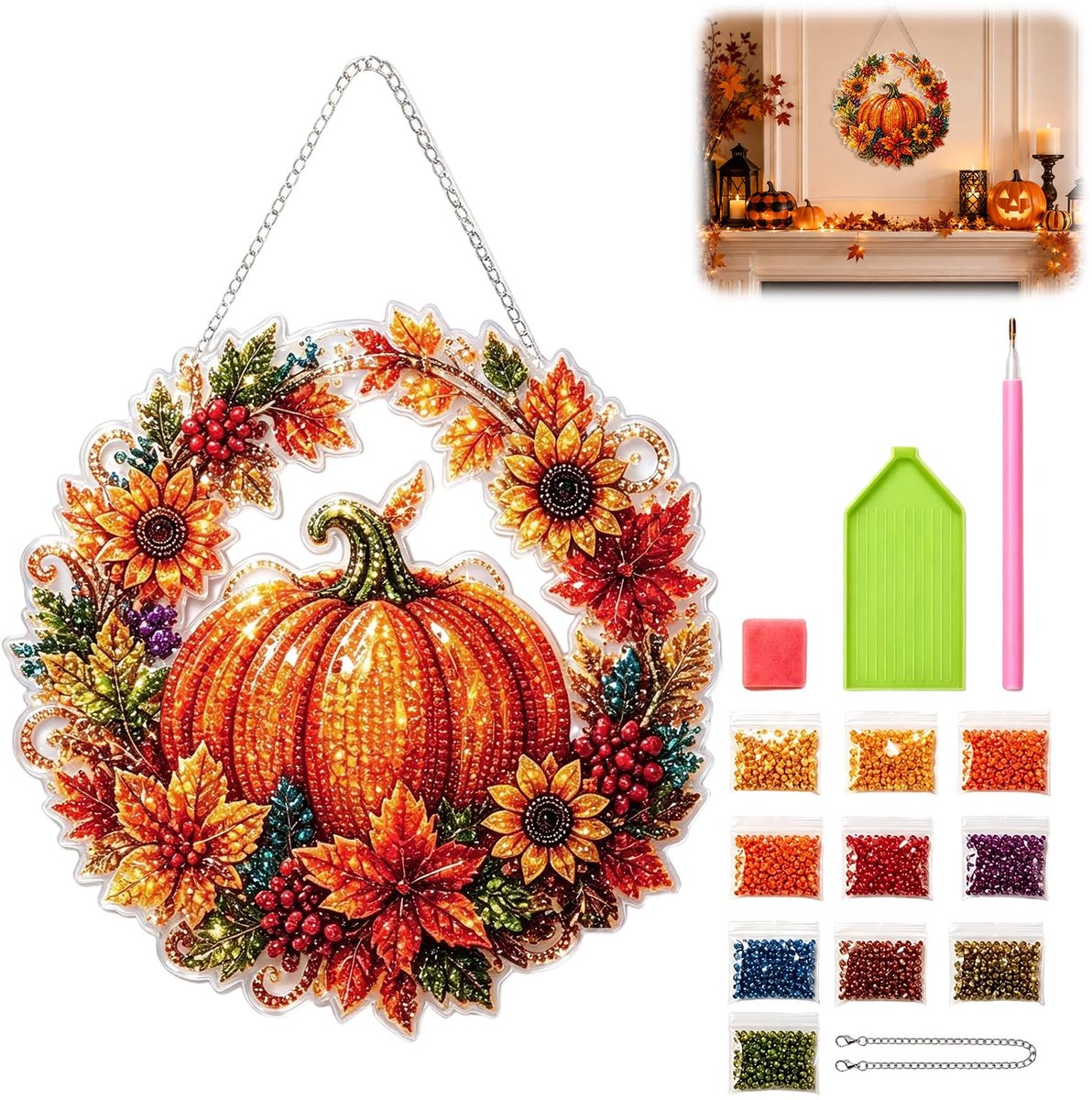Ryoudavell - Halloween Diamond Painting Krans Pompoen - DIY Herfst Schilderij met Steentjes voor Volwassenen en Kinderen - Raamdecoratie & Deurhanger Herfst Woondecoratie - Halloween Pompoen Huisversiering - Cadeau 25cm