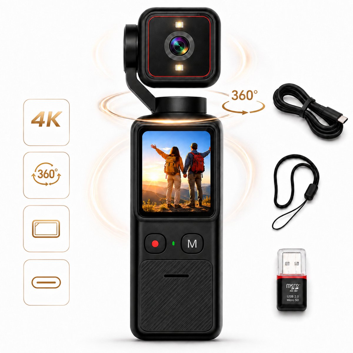 4K Actioncam met Gimbal - 180° Draaibare Lens - 1,69 inch Touchscreen - WiFi
