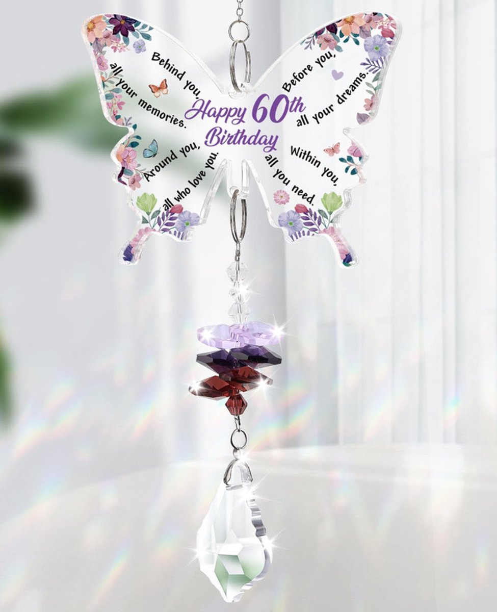 Zonnevanger voor 60e verjaardag - Vlinder raamdecoratie met kristallen en regenboogeffect - Met ketting om op te hangen - Voor moeder, oma, zus en vriendin