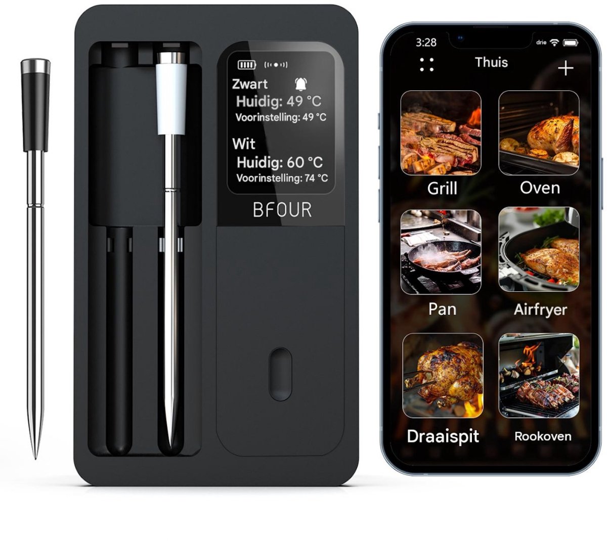 GELLDG Vleesthermometer - Draadloos met LCD-display - 2 Sonden - IP67 Waterdicht - Geschikt voor Grill, Oven en Keuken - Plastic - Bluetooth App-gecontroleerd Bratenthermometer
