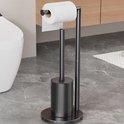 Zwarte, vrijstaande toiletrolhouder met ingebouwde toiletborstel.