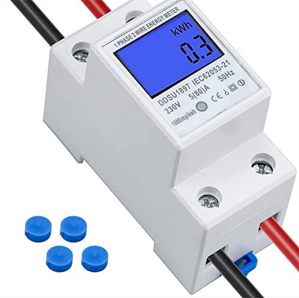 DDSU1897 Digitale eenfasige elektriciteitsmeter - 5-80A - 230V - 50Hz - Elektronische kilowattuurmeter - met LCD-achtergrondverlichting - Wit