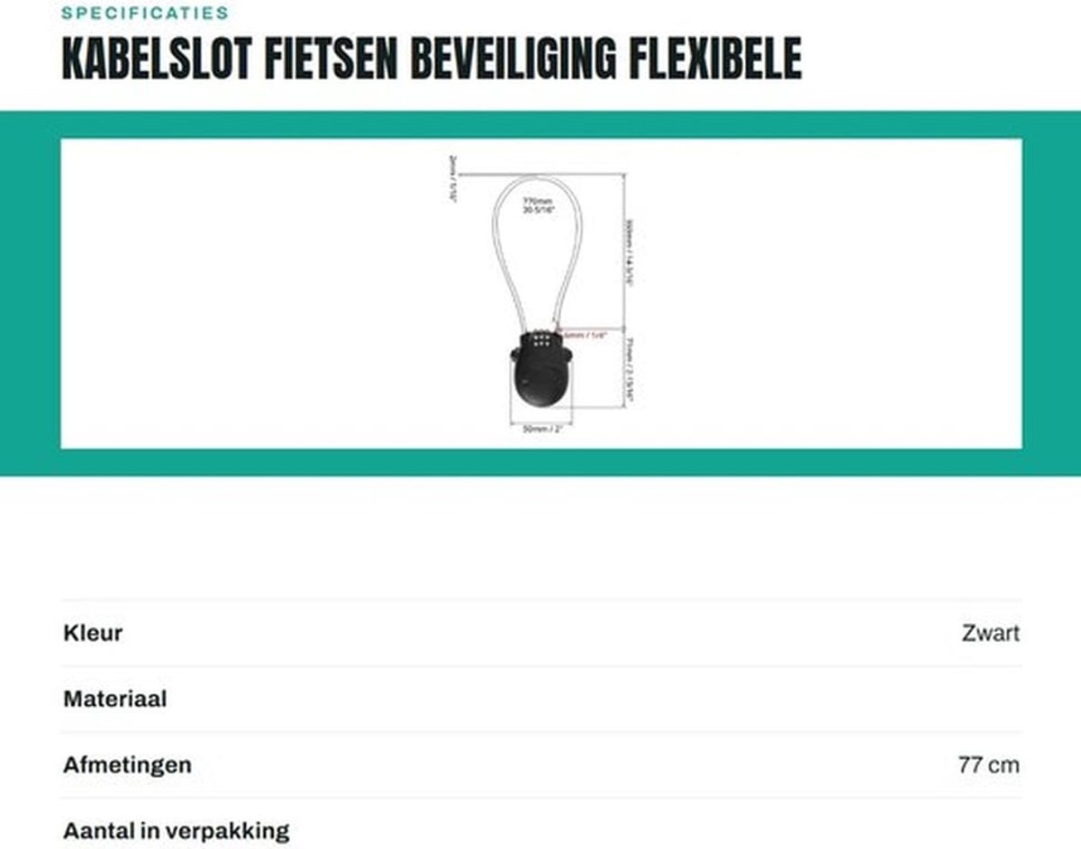 Kabelslot 77cm - 3 Cijferschijven - Flexibele Staalkabel - Schokbestendig - Duurzaam - Lichtgewicht en Comfortabel - Slot