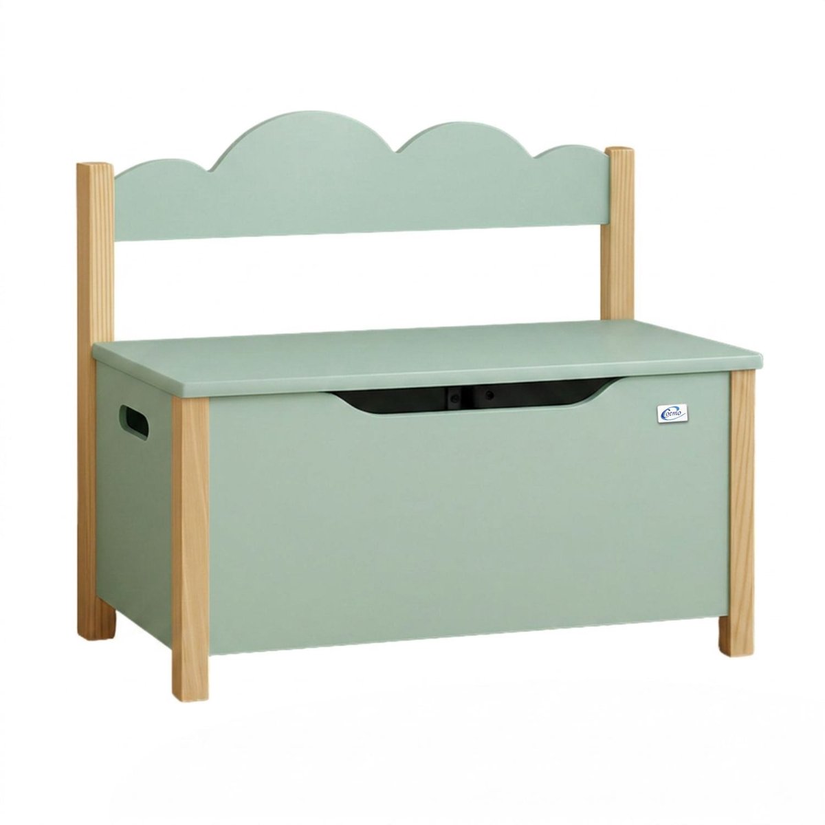 Coemo Speelgoedkist met Bankje, Houten Kist Mintgroen TRUDI 60×26×55 cm – Kinderkamerbankje met Opbergruimte, Speelgoedkist met Veiligheidsscharnier, Kindvriendelijke Zithoogte, Decoratief Wolkendesign