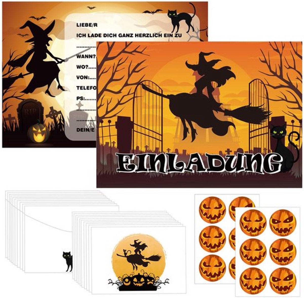 Uitnodigingskaarten Halloween - 12 Stuks - Wenskaarten met Enveloppen - Halloween-Stickers - Creatieve Patronen - Hoogwaardig Karton - Feestuitnodigingen