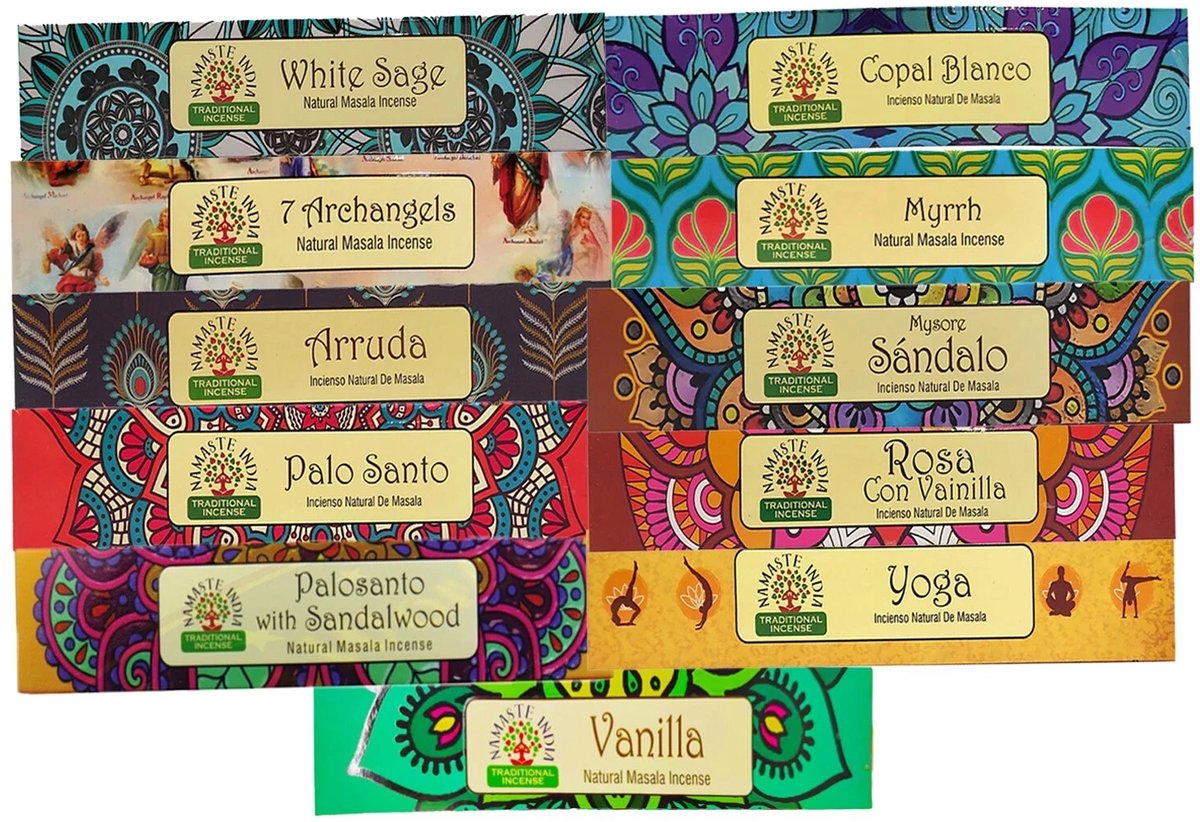 Namaste India Wierook - Assortiment van 12 Verschillende Geuren - 240 Wierookstokjes - Aromatherapie & Meditatie - Cadeauverpakking - Luxe Geurmengsels Met Kajal Sticker