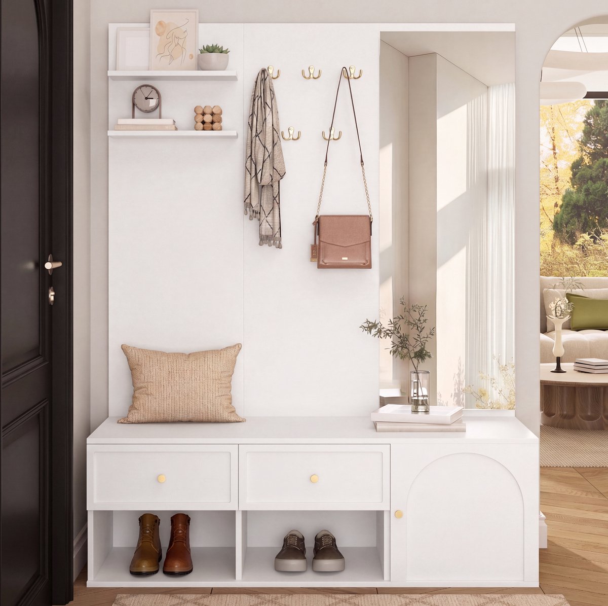 OKWISH Wandgarderobe Met Spiegel En Bank – 5 Haken, 2 Laden En Kastvak – Voor De Hal – Wit – 120 X 35 X 159 Cm