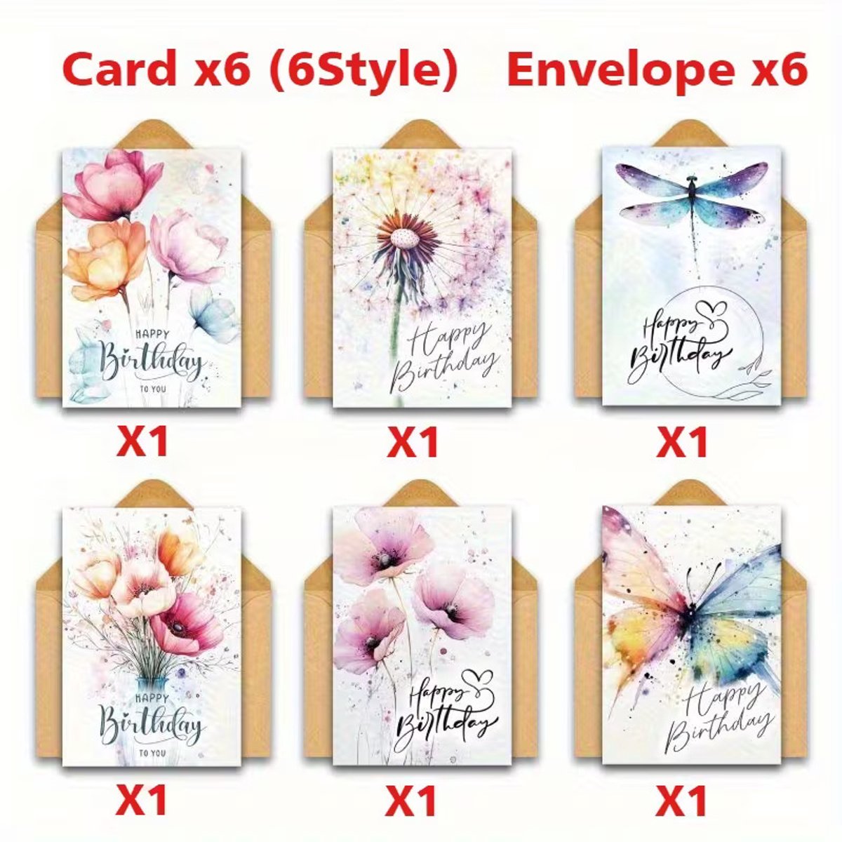 6 Aquarel Verjaardagskaarten met Envelop – Bloemen & Vlinders