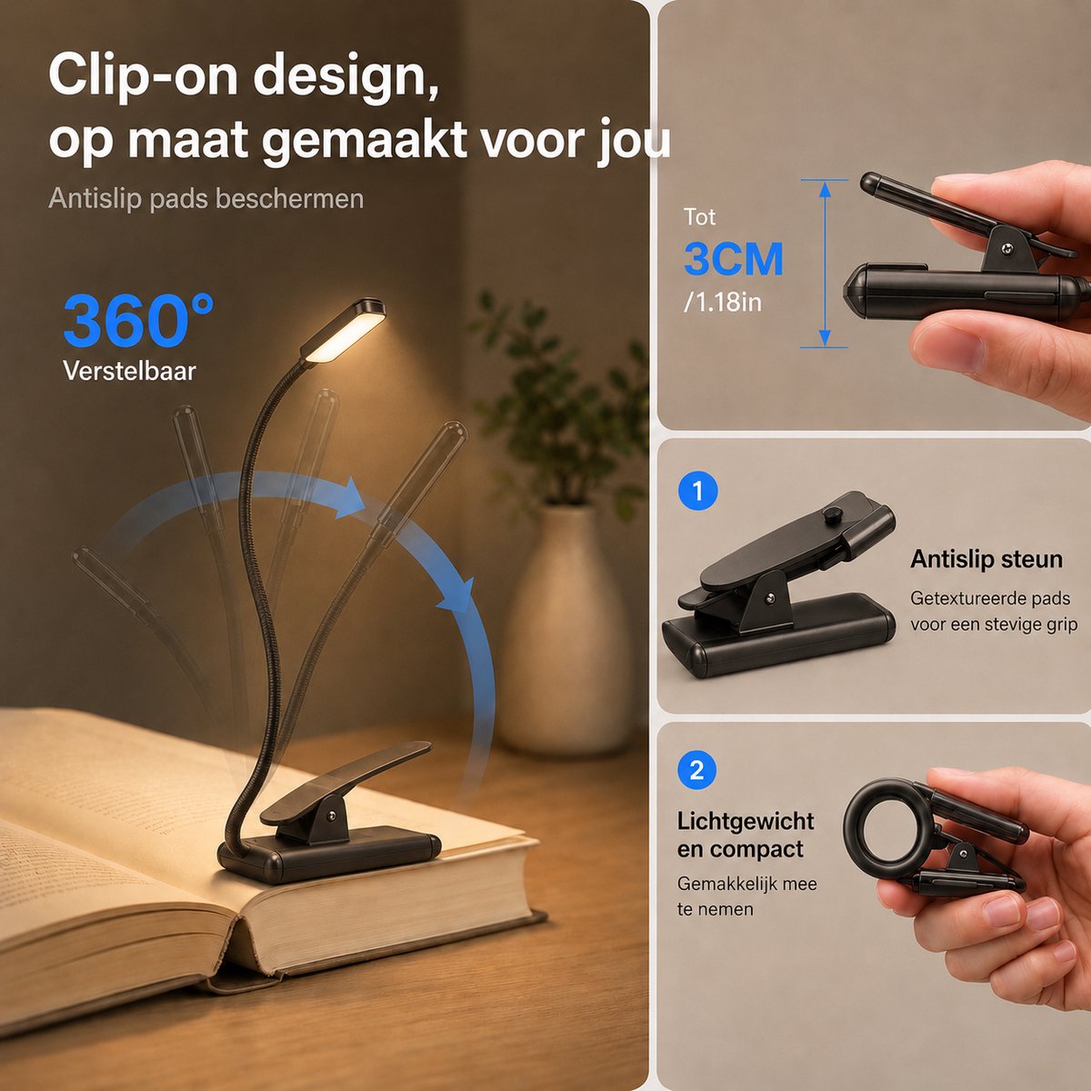 BOTC LED Leeslampje voor boek - 3 Lichtstanden & Oplaadbaar - Boeklampje - Klemlamp - Verstelbaar - USB Oplaadbaar - Zwart — cadeau in Gadgets - foto 6