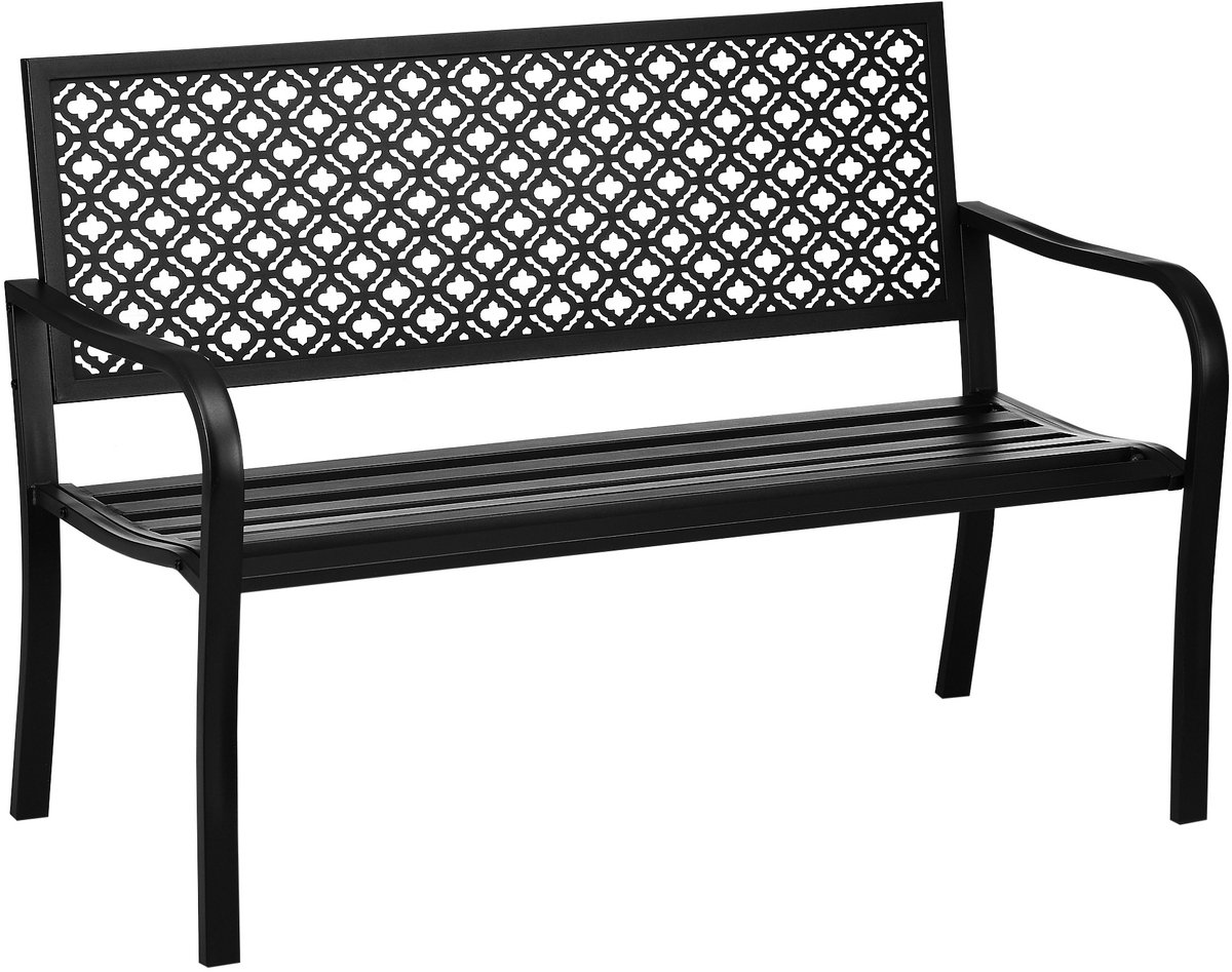 Tuinbank - parkbank met twee zitplaatsen met rugsteun en armsteun - staal - max. 240 kg - bloemenpatroon - zwart - 127 x 63 x 83 cm