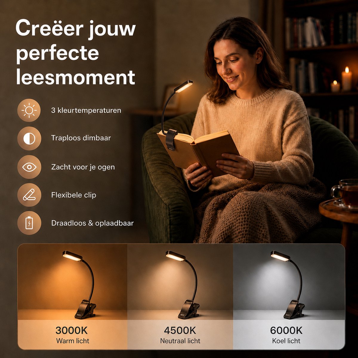 BOTC LED Leeslampje voor boek - 3 Lichtstanden & Oplaadbaar - Boeklampje - Klemlamp - Verstelbaar - USB Oplaadbaar - Zwart — cadeau in Gadgets - foto 7