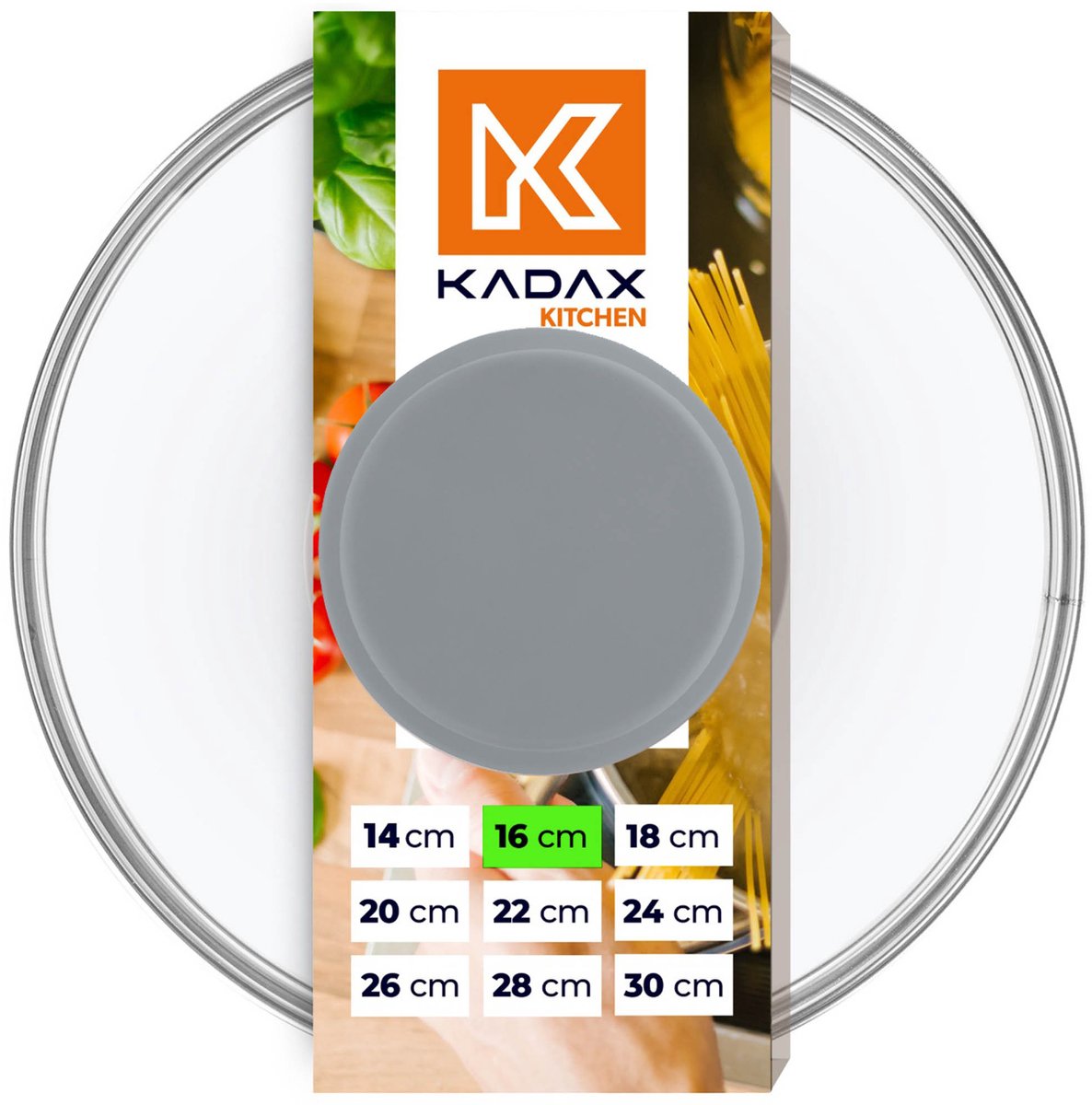 KADAX glazen deksel met siliconen handgreep, hittebestendig deksel voor potten, deksel met stoomgat, universeel deksel in verschillende maten, rond (16 cm, grijs)
