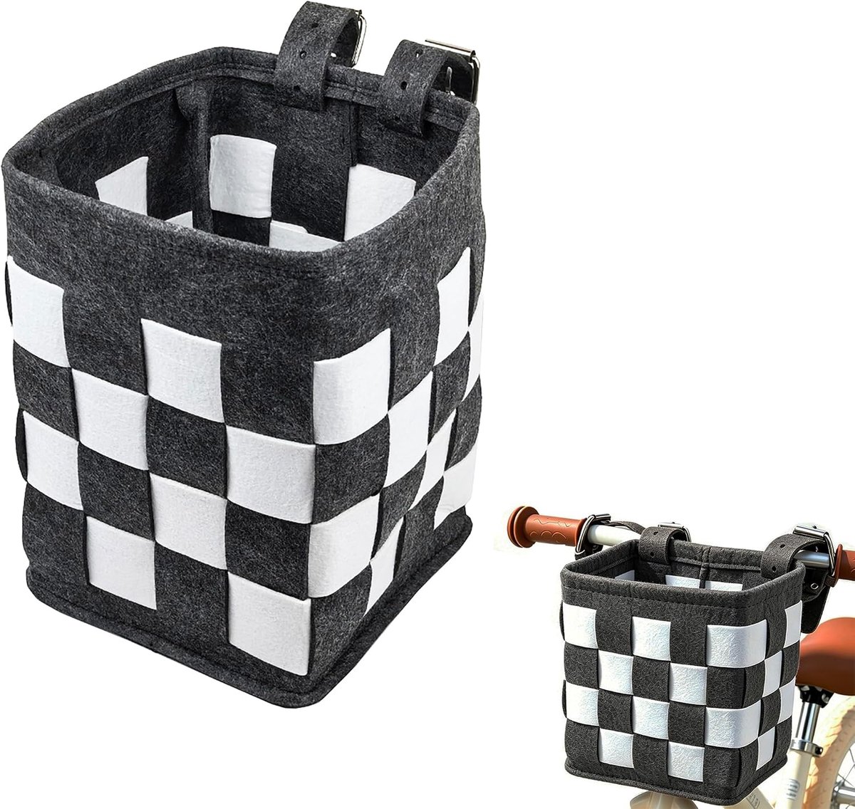 Grijs‑wit geruite vilten fietsmand 15x15x20 cm, zachte geweven afneembare fietskorf met verstelbare riemen voor kinderfiets en balancefiets