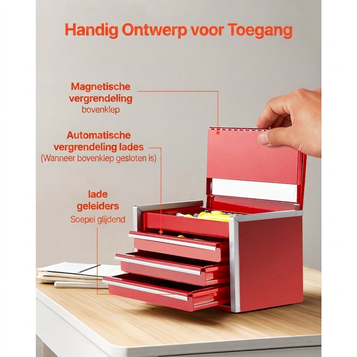 Metalen gereedschapskist - Gereedschapskoffer metaal - Kleine gereedschapskist - 3 Lades - Kogelgelagerd - EVA-voering - Gepoedercoat - Thuis - 21,8 cm - Rood — cadeau in Gereedschap - foto 5