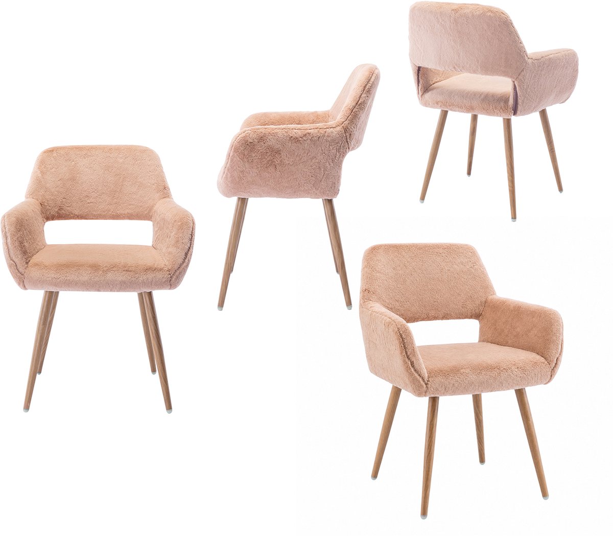 Luxe Eetkamerstoel - Set Van 4 met Teddy Stof en Open Rug - Camel
