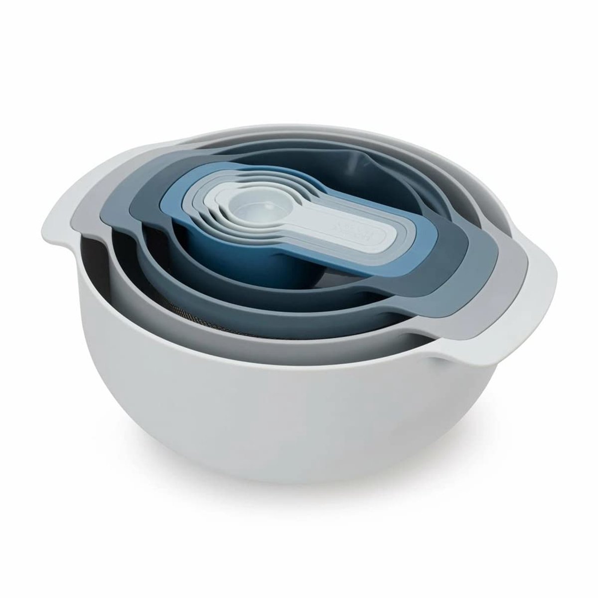 Famanu – 9-delige compacte voedselbereidingsset met mengkommen, maatbekers, zeef en vergiet, blauw, ideaal voor de keuken