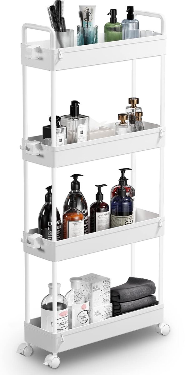 Famanu – 4-laags opbergtrolley, uitschuifbare slanke rollende boodschappenkar, mobiele opslag voor keuken, badkamer en smalle plaatsen, kunststof, wit