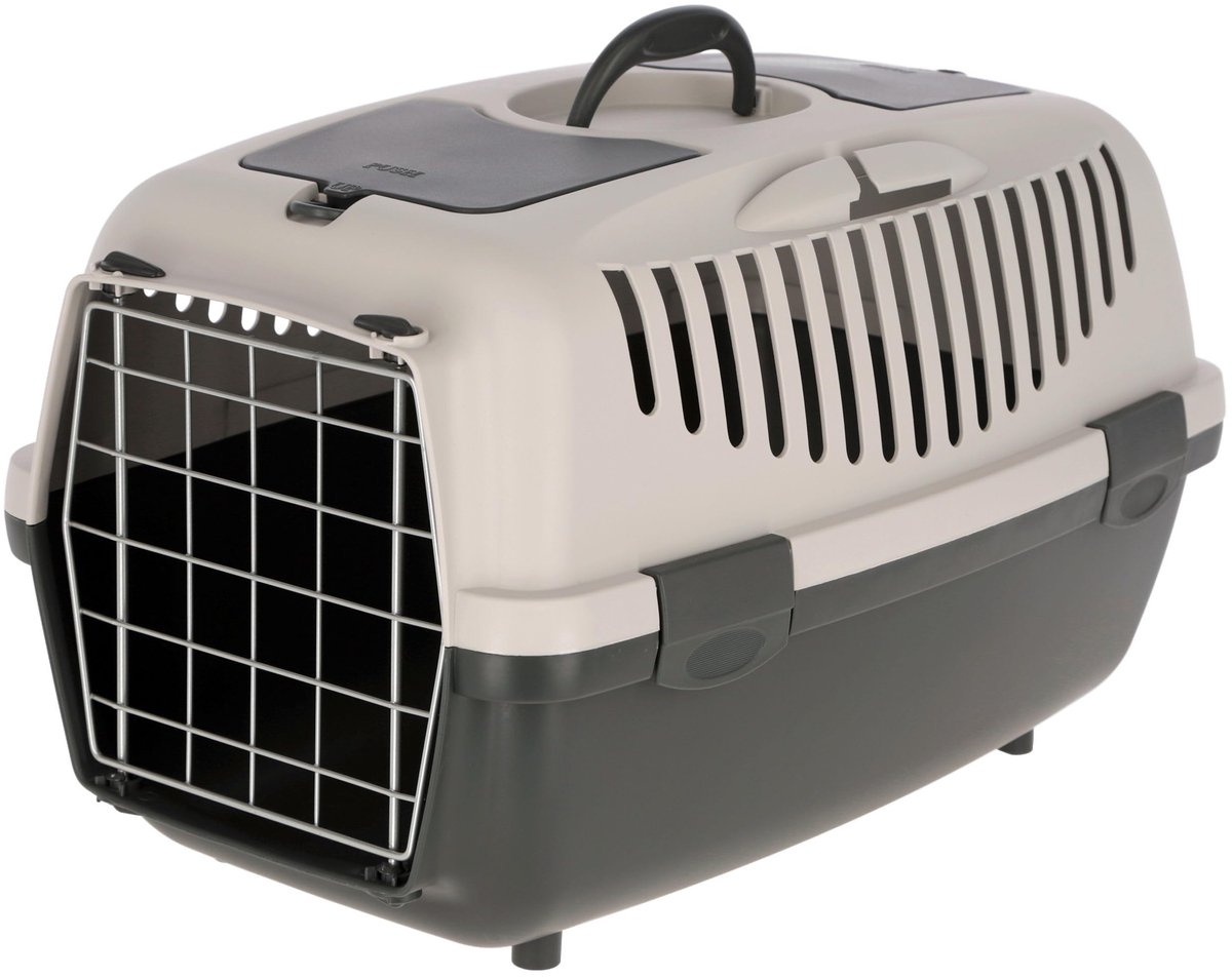 Famanu – Transportbox voor katten en kleine dieren, met metalen deur en autoveiligheidsgordel, kleur lichtgrijs/donkergrijs