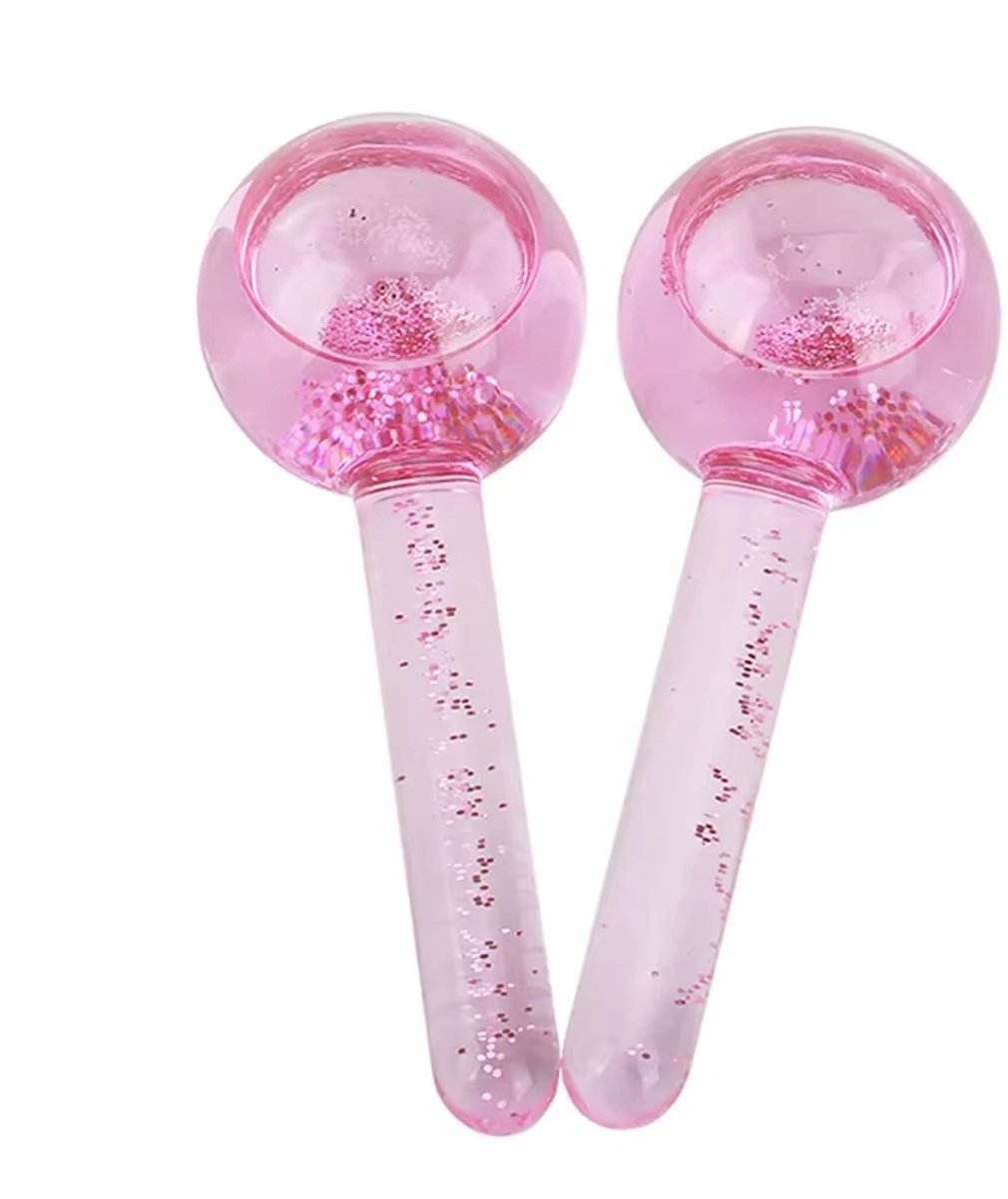 Gezichtsroller IJs – 2 Stuks Verkoelende IJsballen voor Gezicht en Ogen, IJsroller voor Gezichtsmassage, Huidverzorging en Beauty Routine - Roze glitter