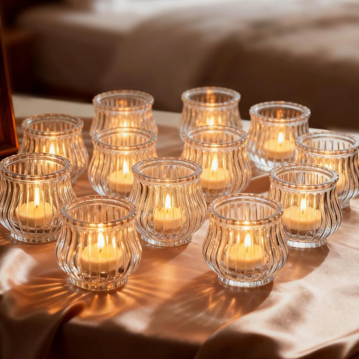 Windlicht van glas - Helder - 5,7 cm hoog - Geribbeld glas - Set van 12 voor tafeldecoratie