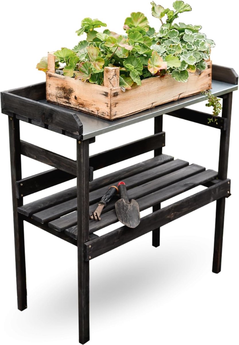 DYVNS® Oppottafel - Tuinwerktafel - Tuinwerkbank - Hout met Zinkplaat - Zwart - 78 x 82 x 38 cm