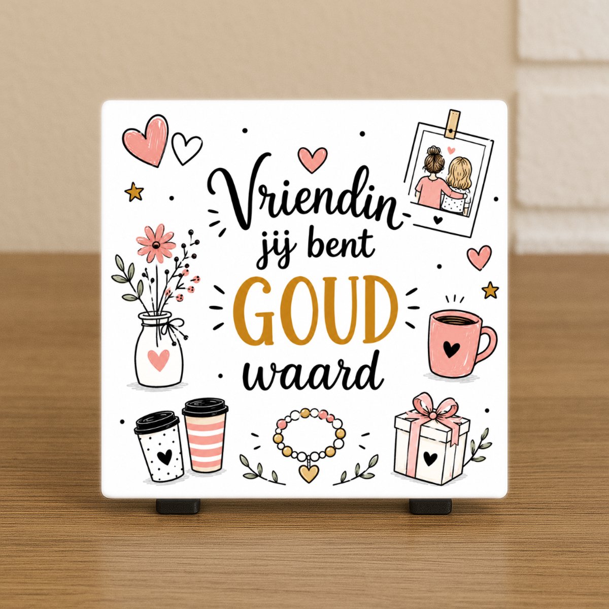 CreaCraft Spreuktegel “Vriendin jij bent goud waard” - Woondecoratie – Cadeau tegeltje – Trendy nu – Vriend(in), Collega, familie – Zomaar – Cadeau – Incl standaard – Wenstegeltje – Cadeau idee