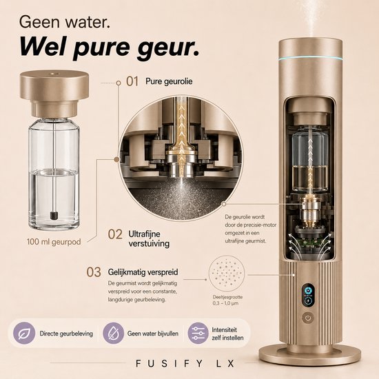 Gouden FUSIFY LX diffuser met gedetailleerde weergave van de technologie. "Geen water. Wel pure geur"