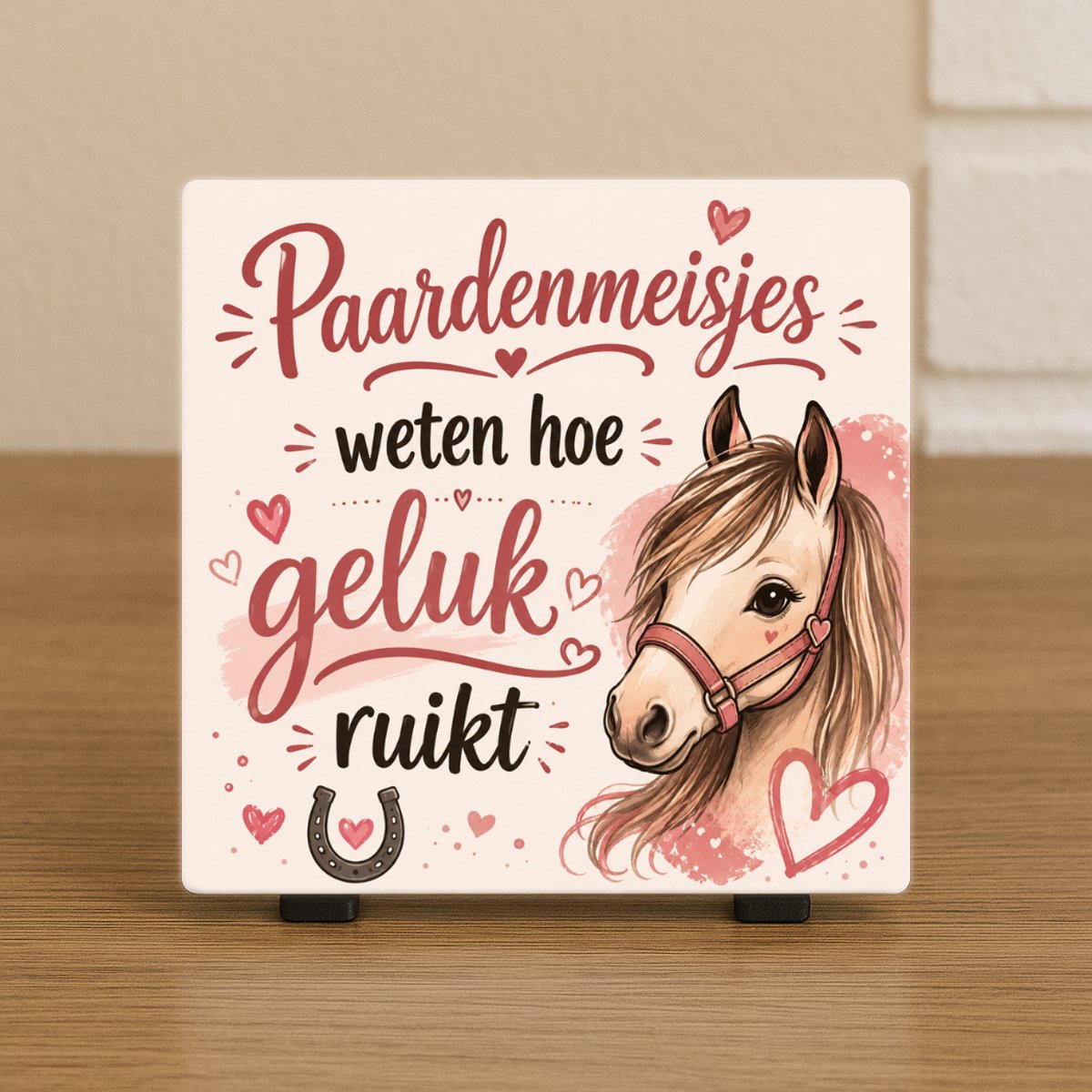 CreaCraft Spreuktegel “Paardenmeisjes weten hoe geluk ruikt” - Woondecoratie – Cadeau tegeltje – Trendy nu – Vriend(in), Collega, familie – Zomaar – Cadeau – Incl standaard – Wenstegeltje – Cadeau idee