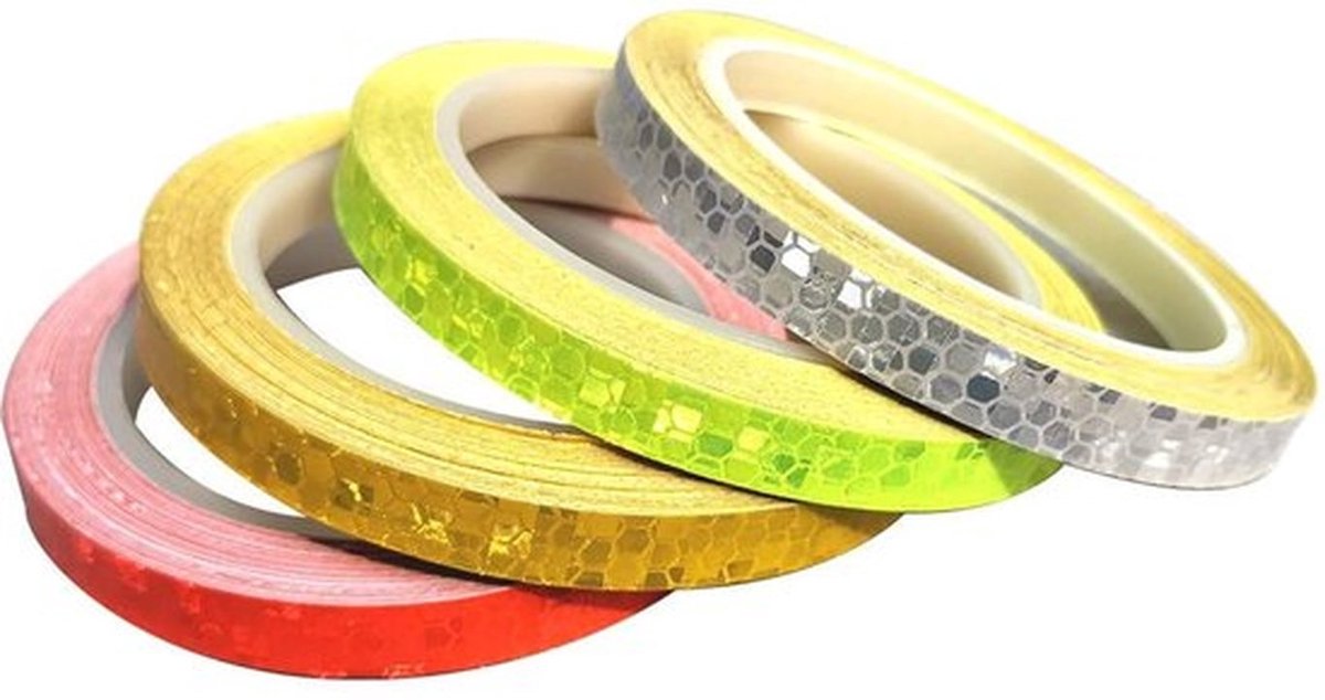 - Reflecterende Tape - Veiligheids Tape - Waterproof - Kleur: Rood, Groen, Geel, Wit - Reflecterend - 4 Stuks - 8M
