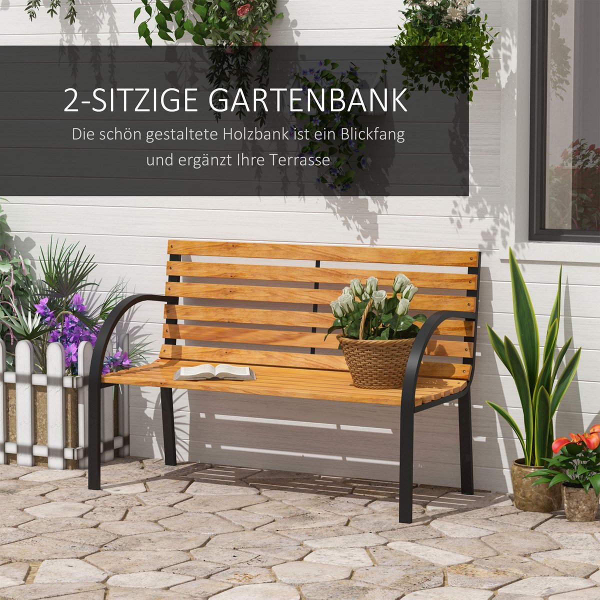 Tuinbank-parkbank-2-zits-tuin-staal + grenenhout-naturel-B122 x D60 x H83 cm