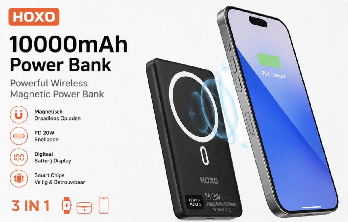 HOXO Powerbank 10000mAh - Magnetische Draadloze Powerbank - 15W Wireless Charging - 20W USB-C PD Snelladen - Digitaal Batterij Display - 3-in-1 - Zwart