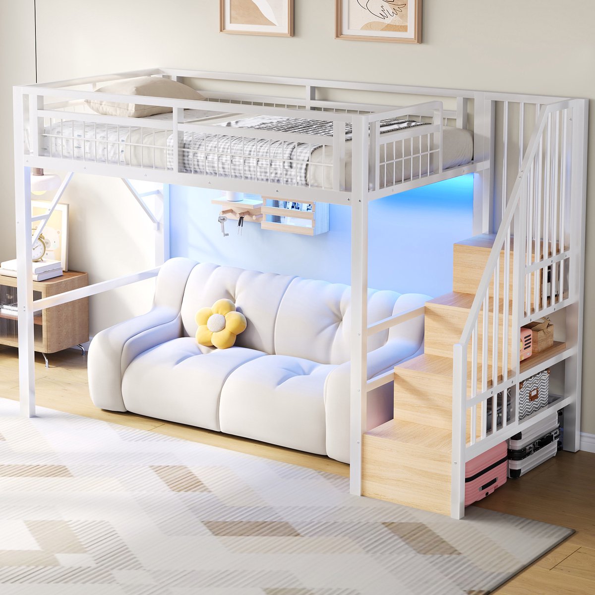 REDOM - Hoogslaper - LED-lichtstrip met app-bediening - Trap met opbergruimte - Open ruimte onder het bed - Metaal en MDF - Wit - 254 x 95,5 x 160 cm