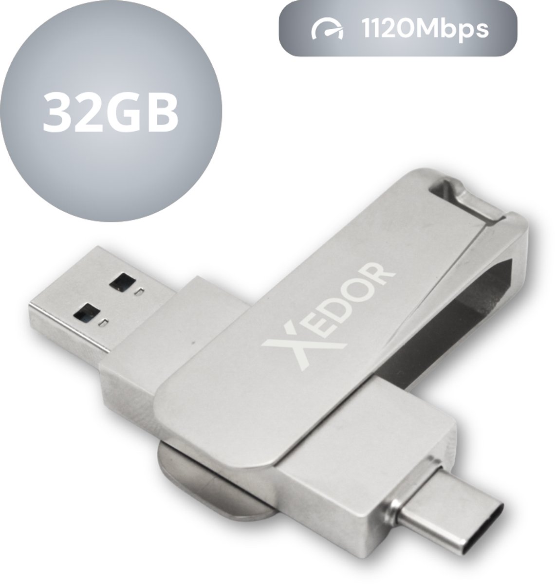 Xedor® Base - USB Stick - 32 GB - 1120Mbps - USB C en A - iPhone en Android - Zilver