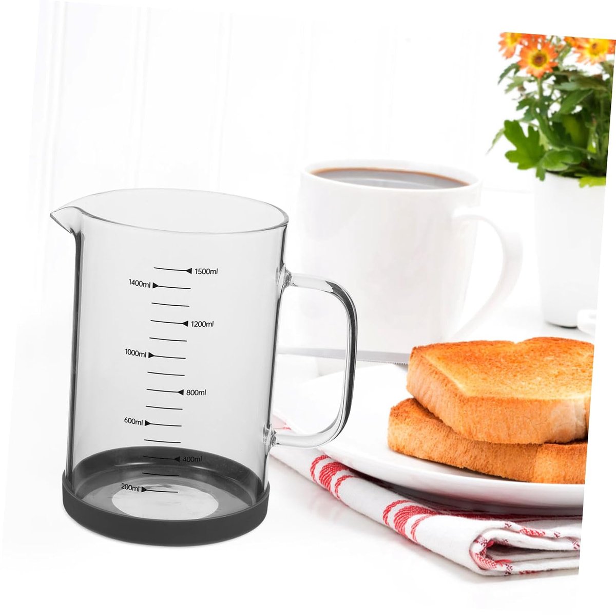 Glazen maatbeker 1500 ml met handvat, maataanduidingen en antislip ondergrond, hittebestendige schenkbeker voor keuken, bakken en koffiebereiding