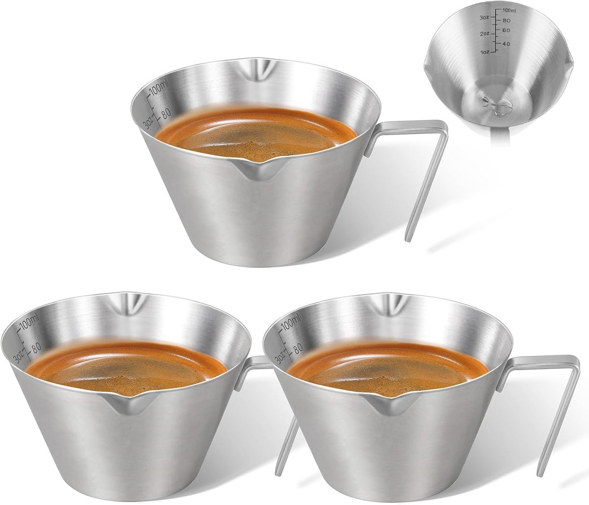 Set van 3 roestvrijstalen maatschenkbekers 100 ml met maataanduiding, dubbele schenktuiten, espresso maatbeker voor koffie, melk en siropen
