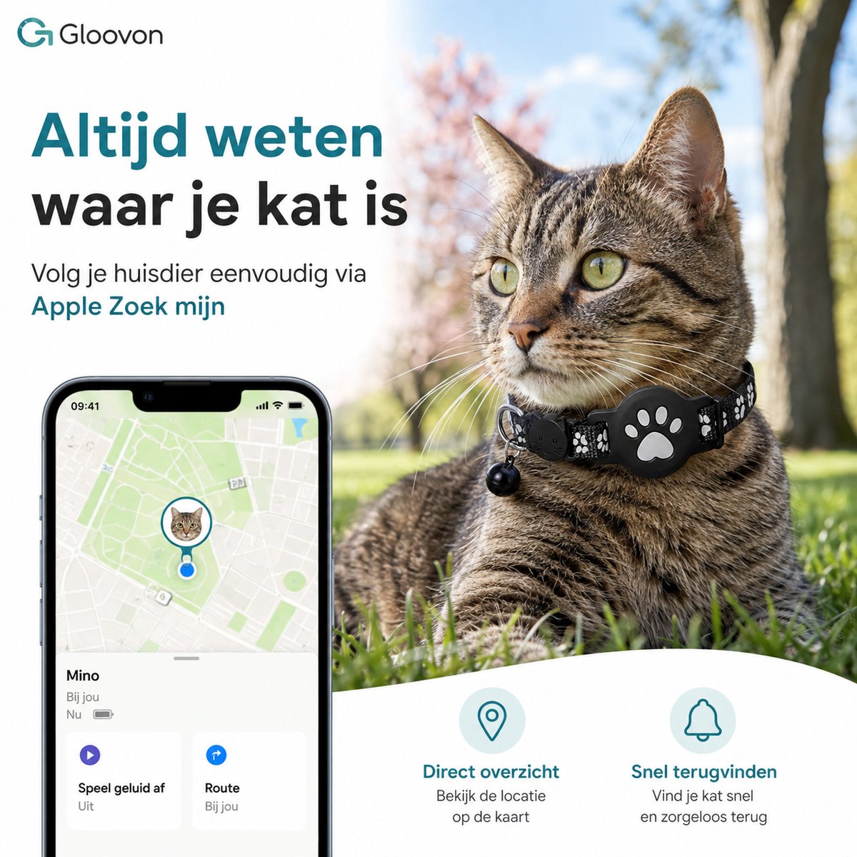 Gloovon® Kattenband met Tracker - GPS Tracker Kat - Veiligheidssluiting & Reflecterend - Nylon - 19-32 cm - Zwart thumbnail 4