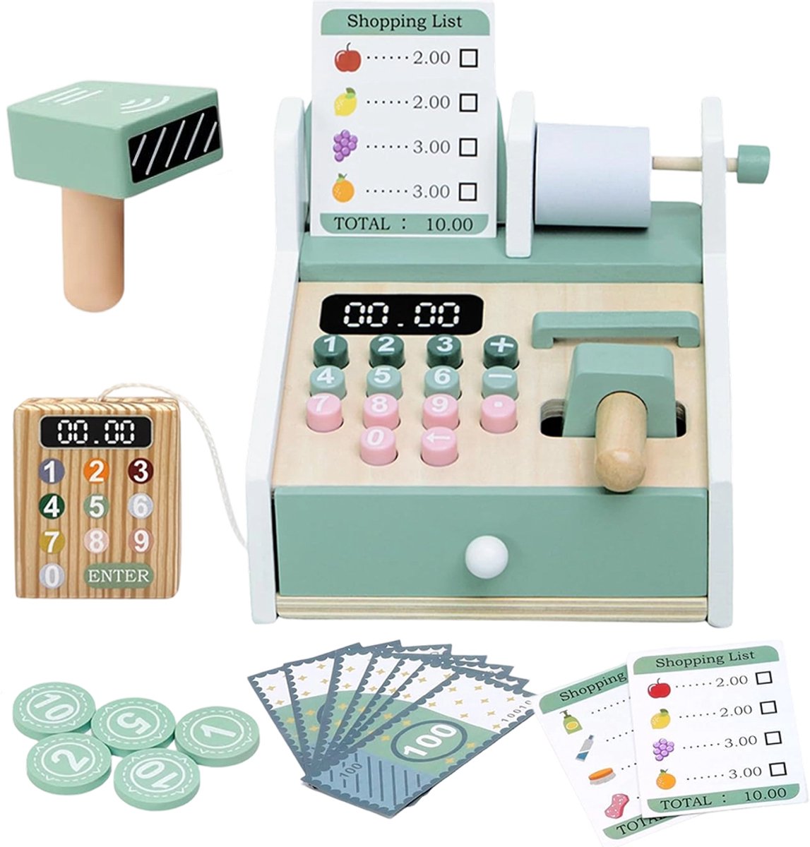Houten Speelgoedkassa - Kinder Kassa Speelgoed - Met Pinautomaat en Scanner - Munten, Creditcard en Bonnetjes - 3 Boodschappenlijstjes - Glad Hout met Afgeronde Randen - Voor Winkel- en Supermarktrollenspel