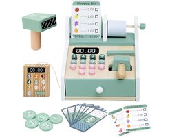 Houten Speelgoedkassa - Kinder Kassa Speelgoed - Met Pinautomaat en Scanner - Munten, Creditcard en Bonnetjes - 3 Boodschappenlijstjes - Glad Hout met Afgeronde Randen - Voor Winkel- en Supermarktrollenspel